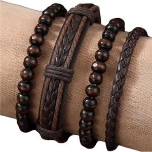 Handmade Brown Leather and Beaded 4 Bracelet Set